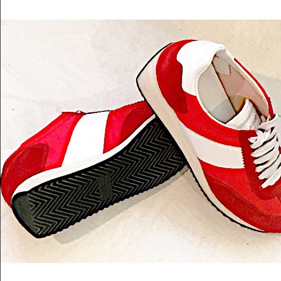 SAINT LAURENT Red & white suede 1” lift sneakers! - Picture 1 of 7